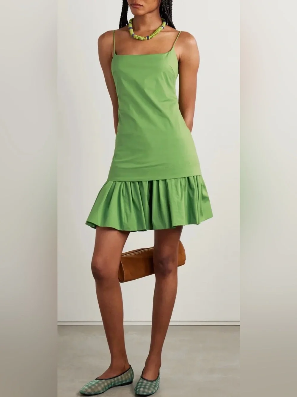STAUD Bright Lime A-Line Ruffle-Hem Mini Skirt